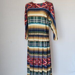 Vintage Sabino Made in USA Aztec Southwest Midi Dress Dolman Long Sleeve Sz.10